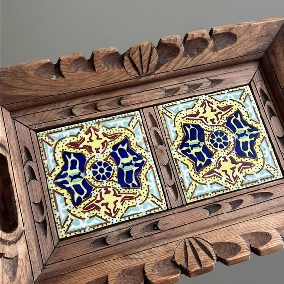 Vintage Mexican Hand Carved Wood Tray w/ Talavera Tile - Picture 2 of 6